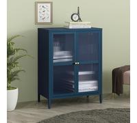 [en.casa] Buffet Stylé Commode Design Petite Armoire Élégante Meuble de Rangement pour Salon avec Portes et Étagères Acier Verre Ondulé 84 x 64 x 35 cm Bleu Marine