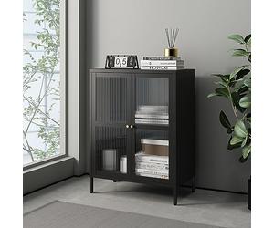 [en.casa] Buffet Stylé Commode Design Petite Armoire Élégante Meuble de Rangement pour Salon avec Portes et Étagères Acier Verre Ondulé 84 x 64 x 35 cm Noir