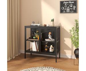 [en.casa] Buffet Vitrine avec 2 Portes 2 Grands Compartiments de Rangement Vaisselier Armoire Basse Commode pour Salon Bureau Acier Verre Trempé de 5 MM 80 x 80 x 35 cm Noir