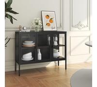 [en.casa] Buffet Vitrine avec 3 Portes Grands Compartiments de Rangement Vaisselier Armoire Basse Commode pour Salon Bureau Acier Verre Trempé de 5 MM 80 x 100 x 35 cm Noir