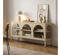 [en.casa] Buffet Vitrine Klippestad avec 4 Compartiments 3 Portes Arquées avec Poignées Fermeture Magnétique Vaisselier Armoire Acier Verre Trempé de 5 MM 118 x 35 x 55 cm Camel