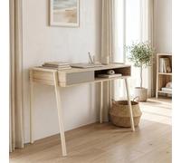 [en.casa] Bureau Boderas 107 x 55 x 78 cm Beige Effet Travertin | compartiment ouvert, tiroir, rebords surélevés, structure robuste, pieds réglables, compact, télétravail, home office