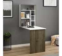 [en.casa] Bureau Mural Rabattable Table de Cuisine Pliable avec Étagère Intégrée Meuble Suspendu Panneau de Particules 82 x 62 x 16 cm Blanc Effet Noyer