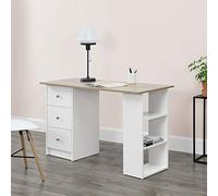 [en.casa] Bureau Table de Bureau Secrétaire Poste de Travail Informatique avec 3 Tiroirs et 3 Étagères Panneau de Particules Mélaminé 120 x 49 x 72 cm Blanc Effet Chêne