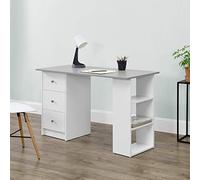 [en.casa] Bureau Table de Bureau Secrétaire Poste de Travail Informatique avec 3 Tiroirs et 3 Étagères Panneau de Particules Mélaminé 120 x 49 x 72cm Blanc Gris Clair