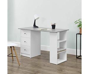 [en.casa] Bureau Table de Bureau Secrétaire Poste de Travail Informatique avec 3 Tiroirs et 3 Étagères Plat de Bois Mélaminé Blanc et Gris Clair 120 x 49 x 72cm