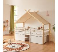 [en.casa] Cabane Lit Amovible 2 Tiroirs 90x200cm Naturel Blanc Beige