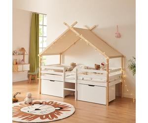 [en.casa] Cabane Lit Amovible 2 Tiroirs 90x200cm Naturel Blanc Beige