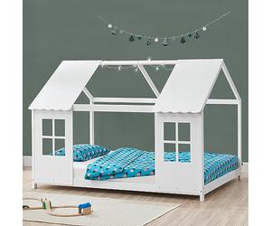 [en.casa] Cabane Lit Enfant avec Fenêtres et Toit - Lit Design avec Sommier à Lattes pour Chambre d'enfant en Bois de Pin et Contreplaqué 120 x 200 cm Blanc