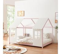 [en.casa] Cabane Lit Enfant Fenêtres Toit Lit Design Maison avec Sommier à Lattes pour Chambre d'enfant en Bois de Pin et Contreplaqué 140 x 200 cm Rose Blanc