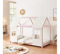 [en.casa] Cabane Lit Enfant Forme Maison avec Fenêtres et Toit Lit Design avec Sommier à Lattes pour Chambre d'enfant en Bois de Pin et Contreplaqué 90 x 200 cm Rose Blanc