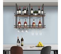 [en.casa] Casier à Vin Suspendu au Plafond Support de Verre avec Étagère et Crochets Doubles Compartiments pour Bouteilles Porte-Boissons Industriel Robuste Métal MDF 100 x 30 x 85 cm Noir Effet Noyer