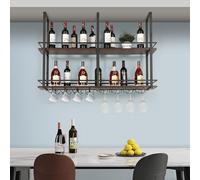 [en.casa] Casier à Vin Suspendu au Plafond Support de Verre avec Étagère et Crochets Doubles Compartiments pour Bouteilles Porte-Boissons Industriel Robuste Métal MDF 120 x 30 x 85 cm Noir Effet Noyer