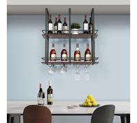 [en.casa] Casier à Vin Suspendu au Plafond Support de Verre avec Étagère et Crochets Doubles Compartiments pour Bouteilles Porte-Boissons Industriel Robuste Métal MDF 80 x 30 x 85 cm Noir Effet Noyer