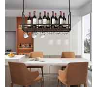 [en.casa] Casier à Vin Suspendu au Plafond Support de Verre avec Étagère et Crochets Doubles Rangement pour Bouteilles Porte-Boissons Industriel Robuste Métal MDF 80 x 30 x 65 cm Noir Effet Noyer