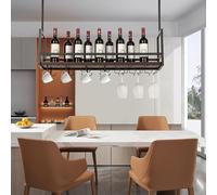 [en.casa] Casier à Vin Suspendu au Plafond Support de Verre avec Étagère et Crochets Doubles Rangement pour Bouteilles Porte-Boissons Industriel Robuste Métal MDF 100 x 30 x 65 cm Noir Effet Noyer