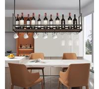 [en.casa] Casier à Vin Suspendu au Plafond Support de Verre avec Étagère et Crochets Doubles Rangement pour Bouteilles Porte-Boissons Industriel Robuste Métal MDF 120 x 30 x 65 cm Noir Effet Noyer