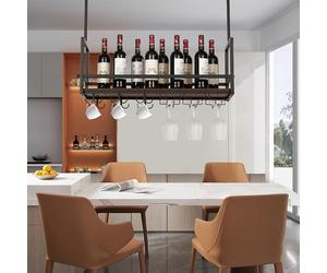 [en.casa] Casier à Vin Suspendu au Plafond Support de Verre avec Étagère et Crochets Doubles Rangement pour Bouteilles Porte-Boissons Industriel Robuste Métal 80 x 30 x 65 cm Noir Effet Noyer