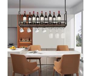 [en.casa] Casier à Vin Suspendu au Plafond Support de Verre avec Étagère et Crochets Doubles Rangement pour Bouteilles Porte-Boissons Industriel Robuste Métal 100 x 30 x 65 cm Noir Effet Noyer