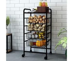 [en.casa] Chariot de Cuisine Roulant Chariot de Service avec 4 Paniers Étagère à Grille Meuble de Rangement Desserte Polyvalent Métal Plastique 87 x 41 x 32 cm Noir