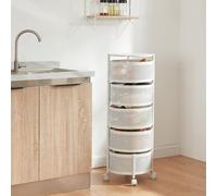 [en.casa] Chariot de Service à 5 Niveaux Desserte sur roulettes avec Paniers Dépliables Meuble de Rangement pour Cusine Salle de Bain Bureau Acier 90 x 33 cm Blanc