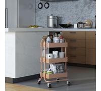 [en.casa] Chariot de Service Polyvalent Desserte Cuisine Salon Salle de Bains 3 Paniers Étagère de 3 Surfaces Meuble de Rangement Acier 79 x 46 x 35 cm Marron Clair