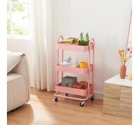 [en.casa] Chariot de Service Polyvalent Desserte Cuisine Salon Salle de Bains 3 Paniers Étagère de 3 Surfaces Meuble de Rangement Acier 79 x 46 x 35 cm Rose