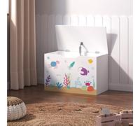 [en.casa] Coffre à Jouets pour Enfant Meuble de Rangement à Couvercle Rabattable Banc à Motif Océan Capacité de Charge 70 kg Panneau de Particules 40 x 60 x 30 cm Blanc