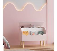 [en.casa] Coffre à Jouets pour Enfants avec Comartiment de Rangement Couvercle Rabattable avec Mécanisme Fermeture en Douceur MDF 60 x 30 x 44 cm Rose Blanc