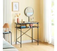 [en.casa] Coiffeuse avec Miroir Rond et Étagère Supplémentaire Bureau Table de Maquillage Moderne avec Surface de Rangement Plateau en Verre de 5 MM Acier MDF 129 x 80 x 44 cm Noir