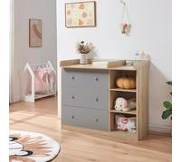[en.casa] Commode à Langer avec Plan à Langer Amovible Bébé 3 Tiroirs 3 Étagères Meuble de Rangement Compacte Confortable avec Surélévations Latérales MDF 93 x 110 x 55 cm Effet Chêne Gris