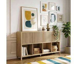 [en.casa] Commode avec 4 Portes à Montage Flexible Système Push-to-Open 8 Compartiments de Rangement Spacieux Stable pour Salon Chambre Bureau Entrée MDF 77 x 145 x 30 cm Effet Chêne Clair Moyen