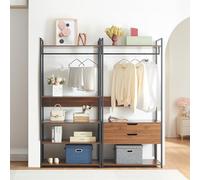 [en.casa] Ensemble de 2 Portants à Vêtements Design Industriel avec Barres de Penderie 2 Tiroirs 7 Étagères pour Entrée Dressing Métal MDF Noir Effet Noyer