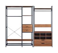 [en.casa] Ensemble de 2 Portants à Vêtements Design Industriel avec Barres de Penderie 4 Tiroirs 6 Compartiments de Rangement pour Entrée Dressing Métal MDF Noir Effet Noyer