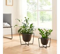 [en.casa] Ensemble de 2 Support pour Plantes de Tailles Variées Set de 2 Porte-Plantes avec Cache-Pots Inclus Lot de 2 Présentoirs Design pour Fleurs Métal Noir