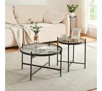 [en.casa] Ensemble de 2 Tables Basses de Tailles Différentes Set de 2 Tables d'Appoint avec Plateau Rond en Verre Trempé Bout de Canapé Design Intemporel pour Salon Métal Noir