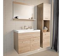 [en.casa] Ensemble de Meuble de Salle de Bains 3 Pièces Pratiques Meuble sous Lavabo avec Vasque Céramique Armoire Haute et Miroir avec Étagère Panneau de Particules Métal Effet Chêne