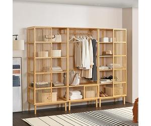 [en.casa] Ensemble de Portant et 2 Étagères Set de Meubles de Rangement Polyvalent avec Barre de Penderie et Espace de Rangement Bambou 185 x 240 x 45 cm Naturel