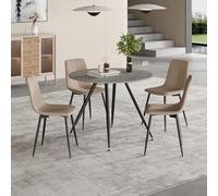 [en.casa] Ensemble de Salle à Manger pour 4 Personnes avec Table Ronde et Assises Rembourrées Confortable Moderne Stable Cuisine Salon MDF Acier Polyester Effet Béton Marron Clair 75 x 100 cm