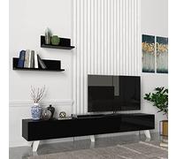 [en.casa] Ensemble Meuble TV avec 2 Étagères Murales Support Télé à 2 Portes Rabattables avec Espace de Rangement pour Salon Panneau de Particules 180 x 31 x 33 cm Noir