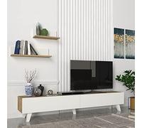 [en.casa] Ensemble Meuble TV avec 2 Étagères Murales Support Télé à 2 Portes Rabattables avec Espace de Rangement pour Salon Panneau de Particules 180 x 31 x 33 cm Effet Chêne Blanc