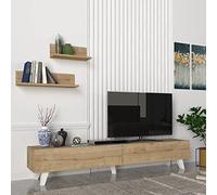 [en.casa] Ensemble Meuble TV avec 2 Étagères Murales Support Télé à 2 Portes Rabattables avec Espace de Rangement pour Salon Panneau de Particules 180 x 31 x 33 cm Effet Chêne