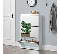 [en.casa] Étagère à Chaussures Design Meuble de Rangement 3 Compartiments Stockage pour 9 Paires Façade Miroir Panneaux de Particules Mélaminés 102,5 x 63 x 17 cm Blanc