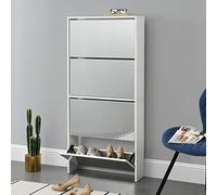 [en.casa] Étagère à Chaussures Design Meuble de Rangement 4 Compartiments Stockage pour 12 Paires Façade Miroir Panneaux de Particules Mélaminés 134 x 63 x 17 cm Blanc