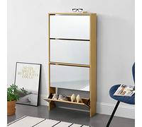 [en.casa] Étagère à Chaussures Design Meuble de Rangement 4 Compartiments Stockage pour 12 Paires Façade Miroir Panneaux de Particules Mélaminés 134 x 63 x 17 cm Hêtre
