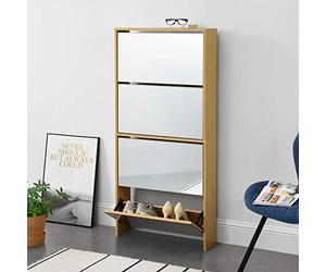 [en.casa] Étagère à Chaussures Design Meuble de Rangement 4 Compartiments Stockage pour 12 Paires Façade Miroir Panneaux de Particules Mélaminés 134 x 63 x 17 cm Hêtre