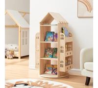 [en.casa] Étagère à Livres Pivotante Bibliothèque Rotative à 4 Niveaux avec Compartiments Ouverts pour Enfants en Forme de Maison Chambre Salon Bois de Pin 122 x 64 x 43 cm Naturel