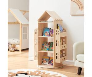 [en.casa] Étagère à Livres Pivotante Bibliothèque Rotative à 4 Niveaux avec Compartiments Ouverts pour Enfants en Forme de Maison Chambre Salon Bois de Pin 122 x 64 x 43 cm Naturel