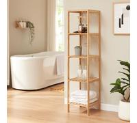 [en.casa] Étagère de Rangement avec 5 Surfaces de Stockage Meuble de Rangement Multifonctionnel pour Salle de Bain Cuisine Salon Entrée Résistant Solide Bambou 33 x 34 x 140 cm Naturel