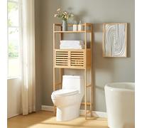 [en.casa] Étagère de Toilette avec Armoire à 2 Portes Compartiment de Rangement Meuble de Stockage pour Salle de Bain Capacité de Charge 30 kg Bambou 158 x 60 x 26 cm Naturel